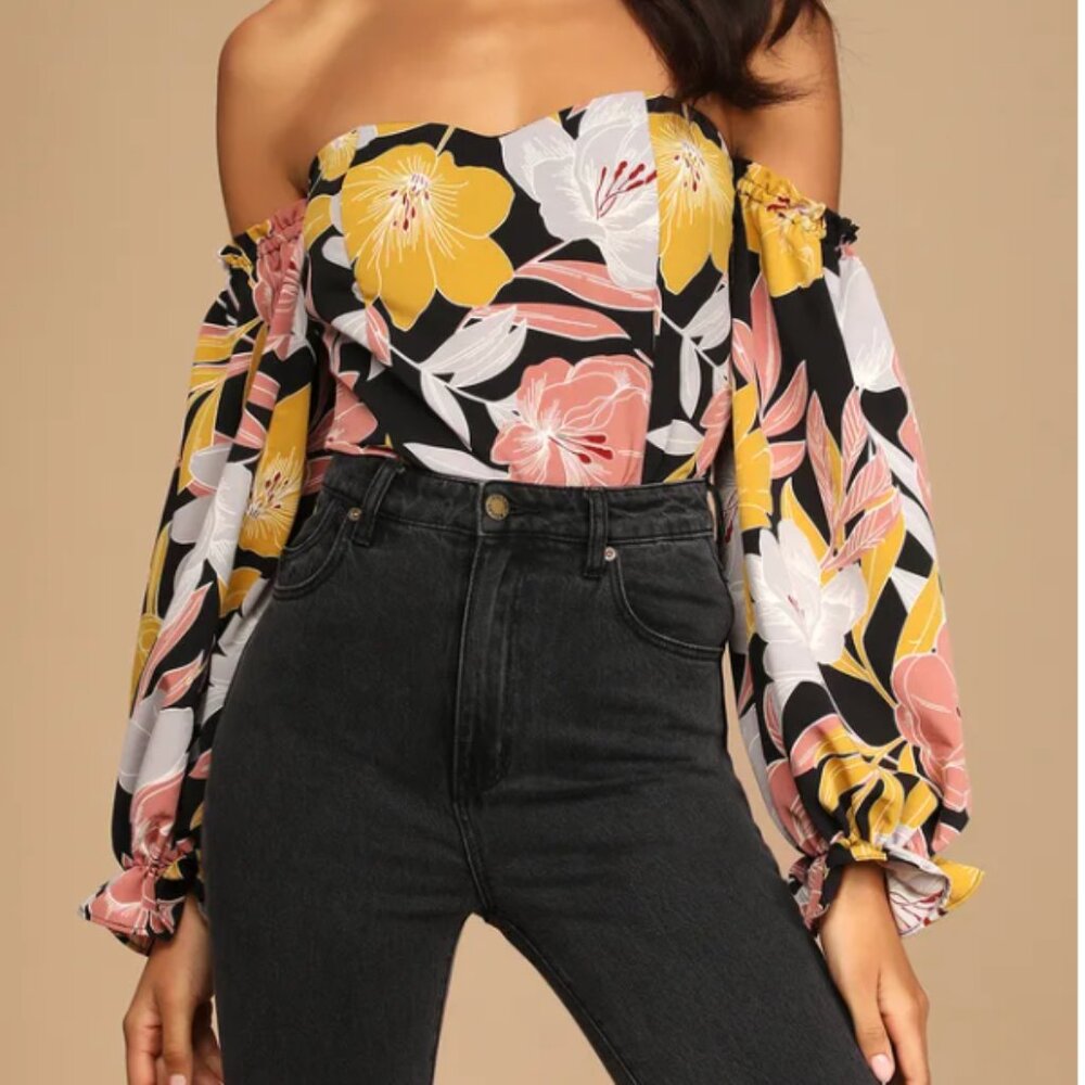 Black Floral Print Off-the-Shoulder Bodysuit